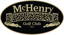 Logo for McHenry Golf Club, featuring a stone bridge illustration with gold text on a black oval background.