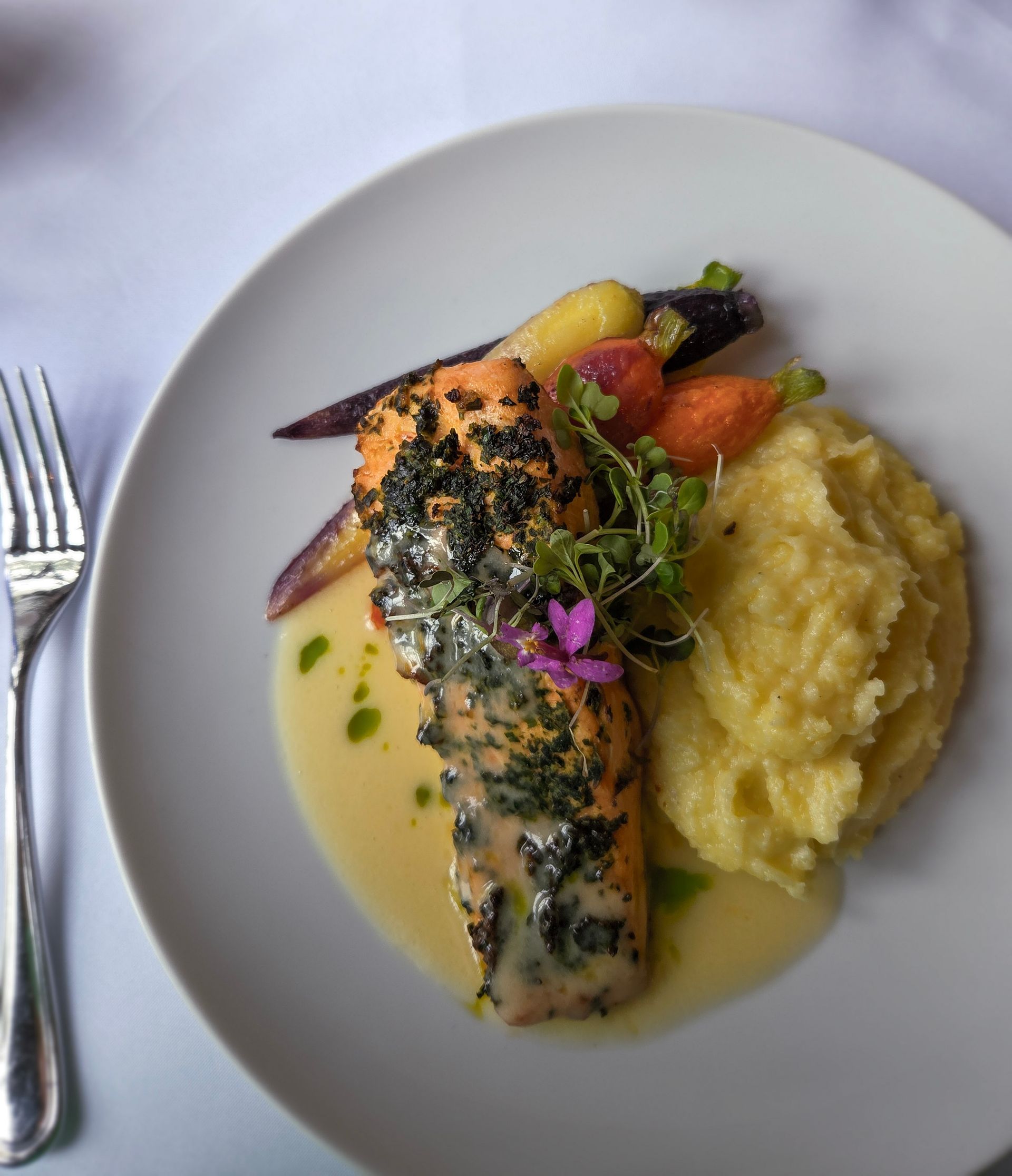 Grilled fish with sauce, mashed potatoes, and vegetables on a white plate