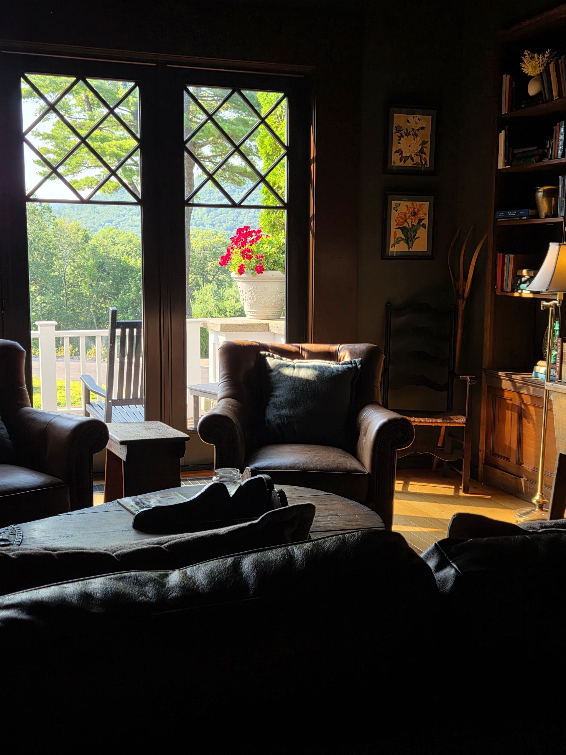 Cozy living room with dark furniture, French doors, and sunlight streaming onto the floor