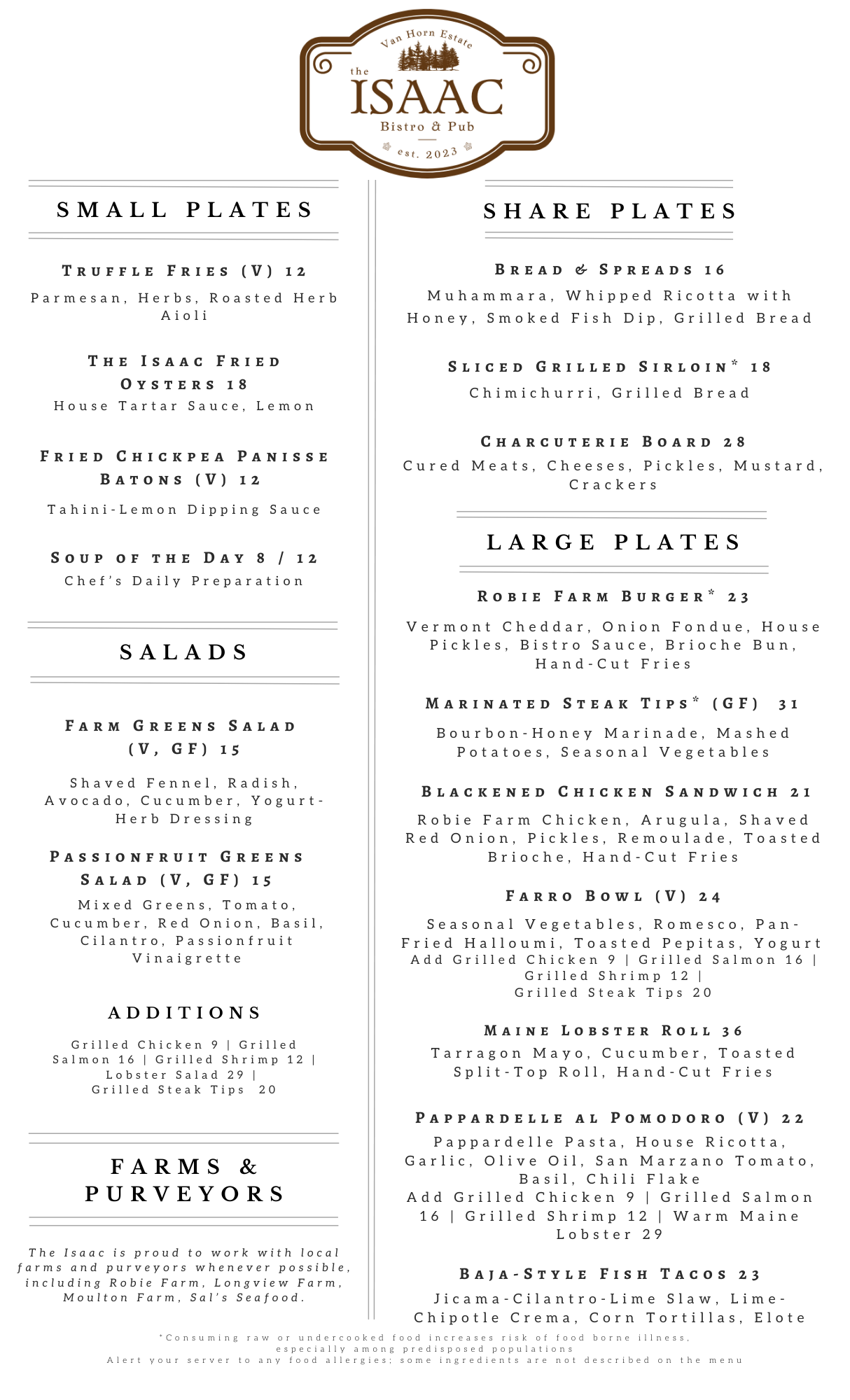 Two-column black-and-white printed menu or flyer with dense text and section headings