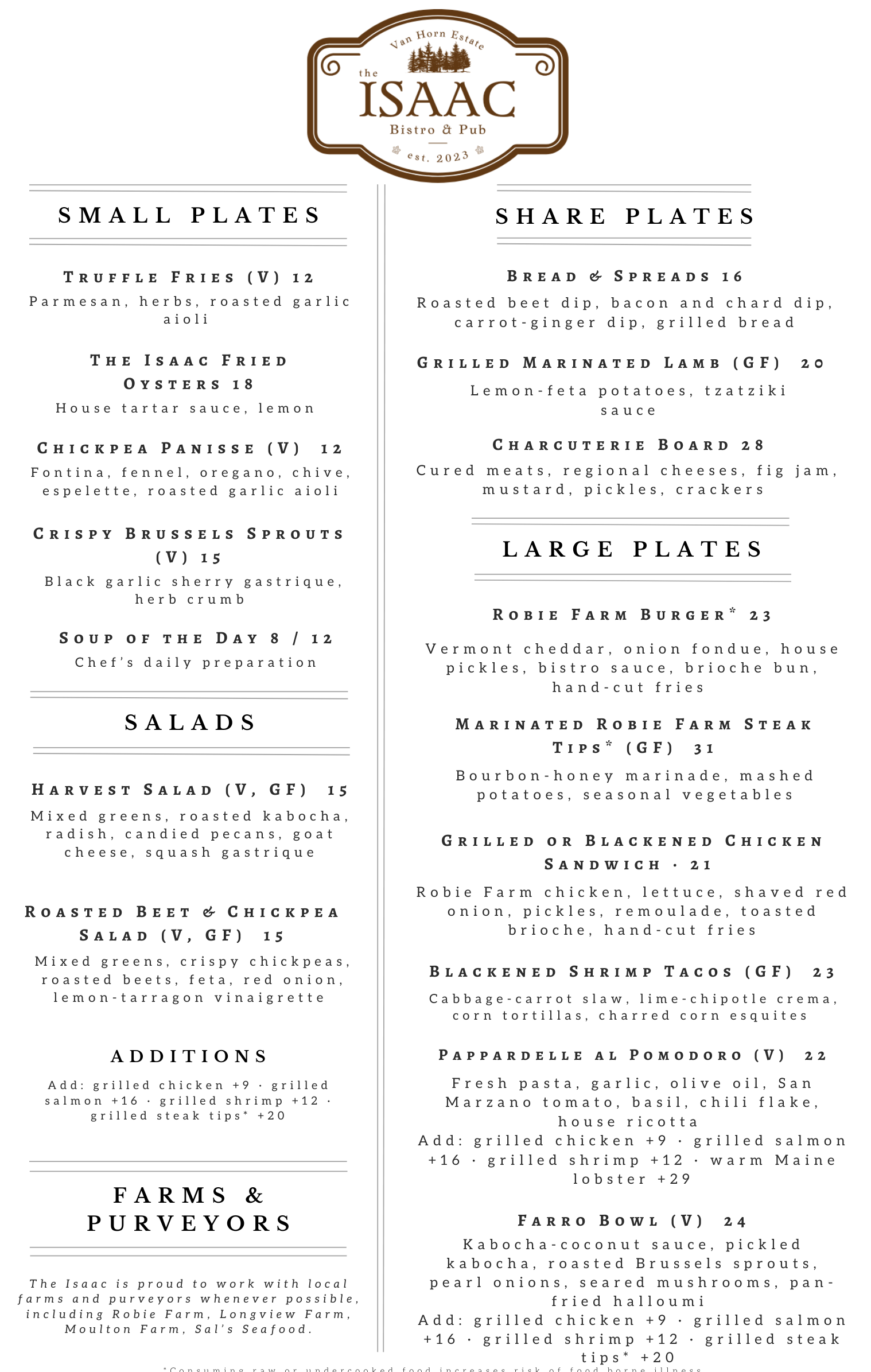 Two-column black-and-white printed menu or flyer with dense text and section headings