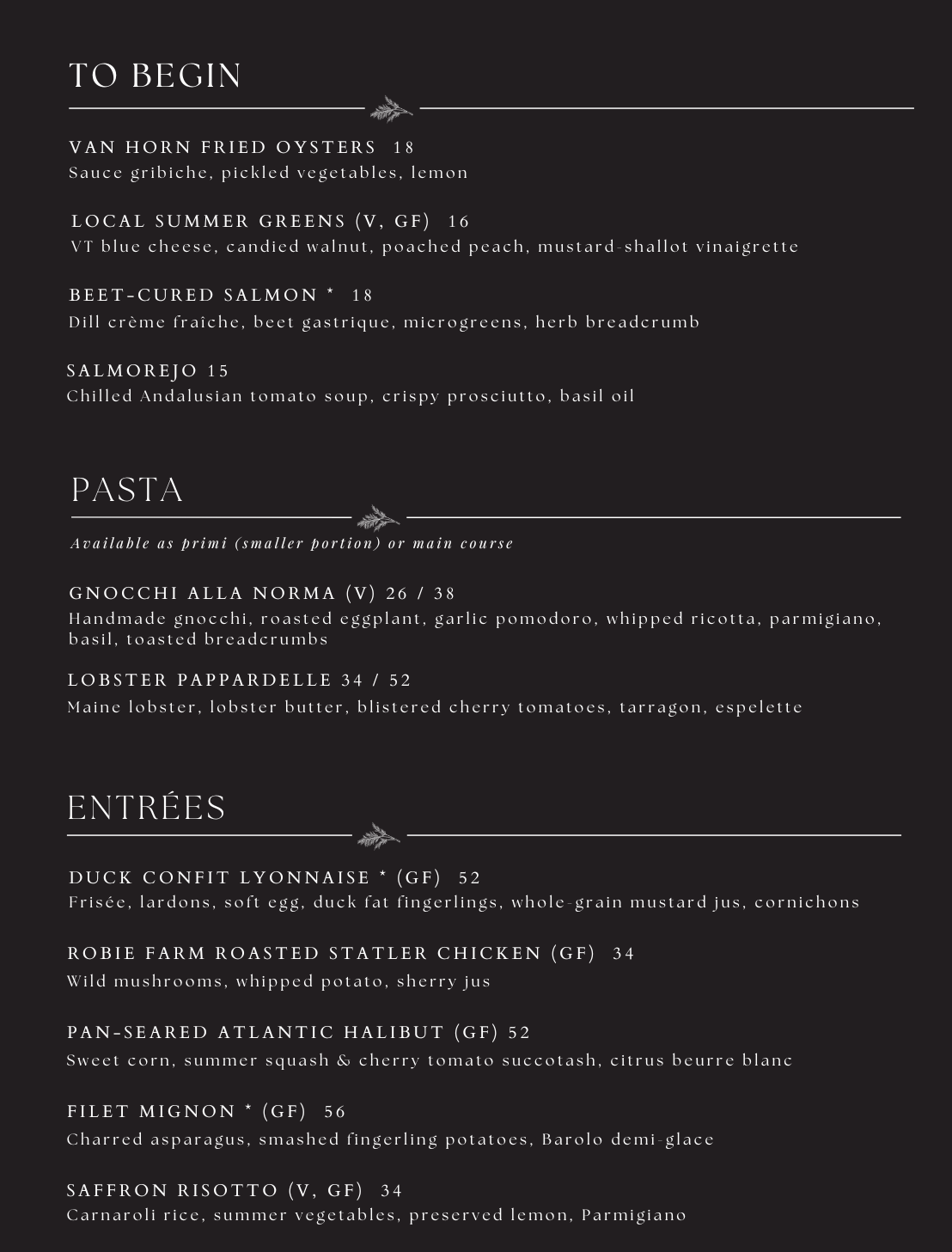 Dark menu page with white text headings: “TO BEGIN,” “PASTA,” and “ENTREES.”