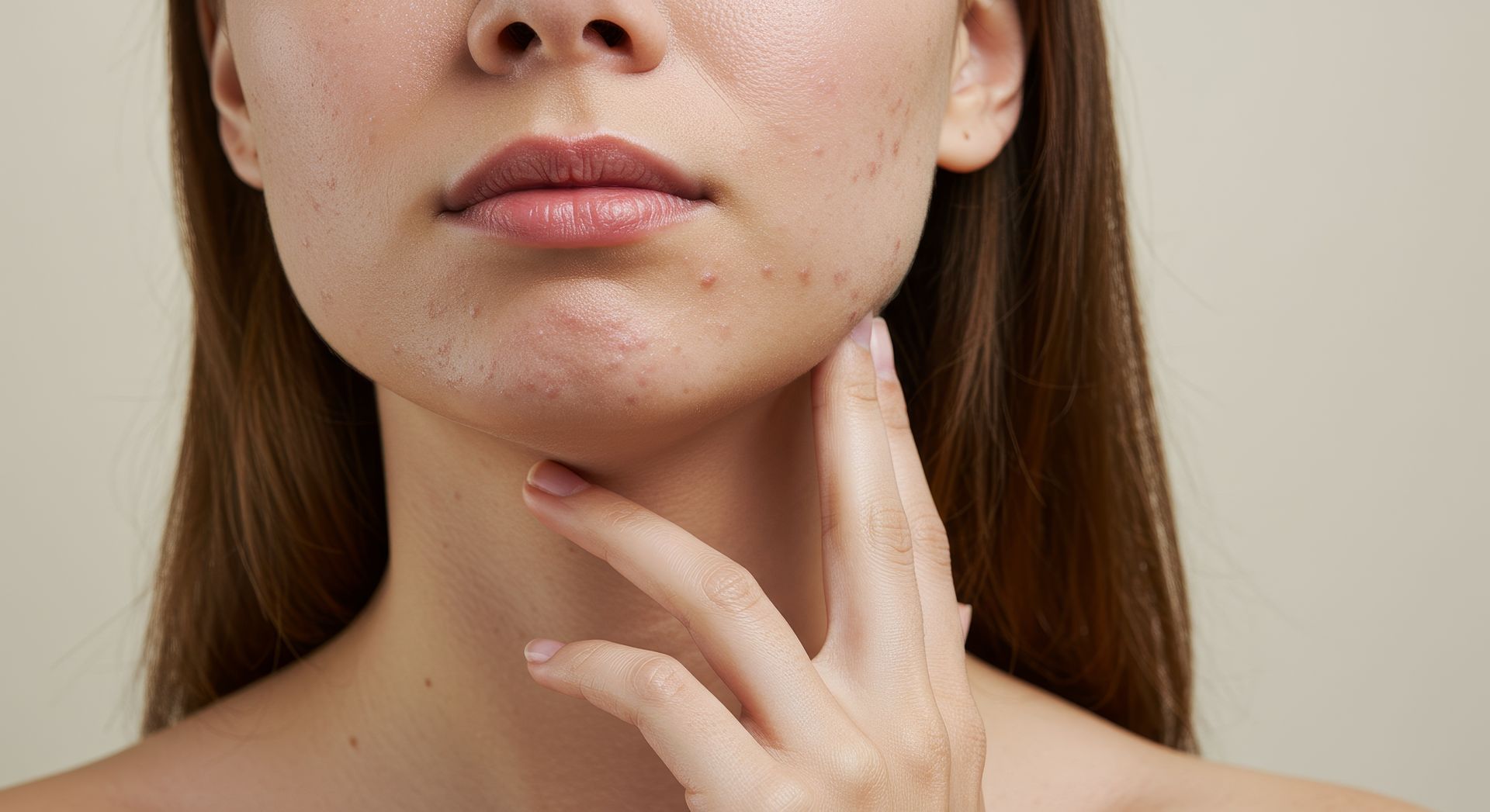 Woman with blemishes on her face touching her neck, with fair skin and brown hair.