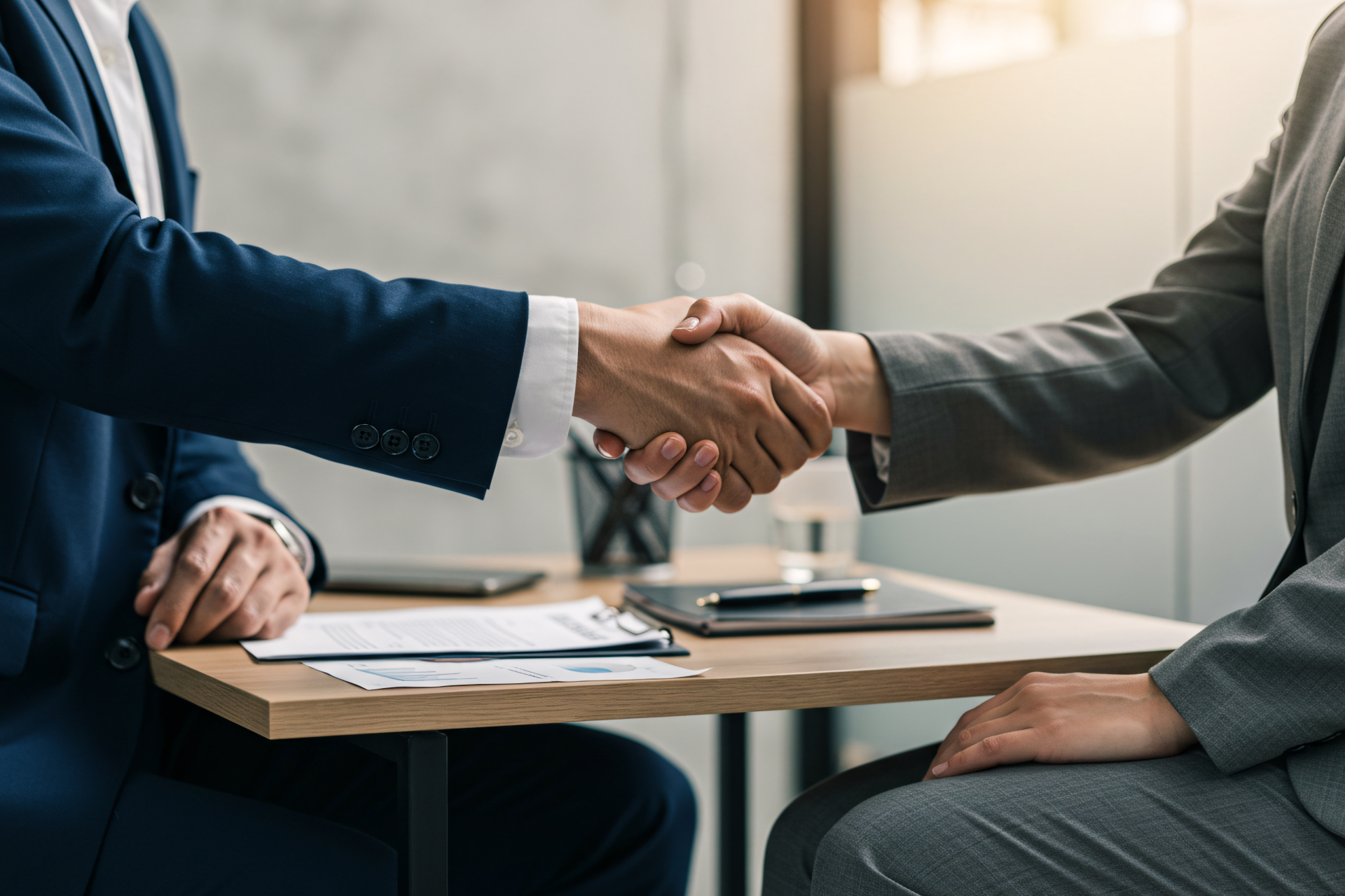 Two people in suits shaking hands at a table, possibly sealing a deal.