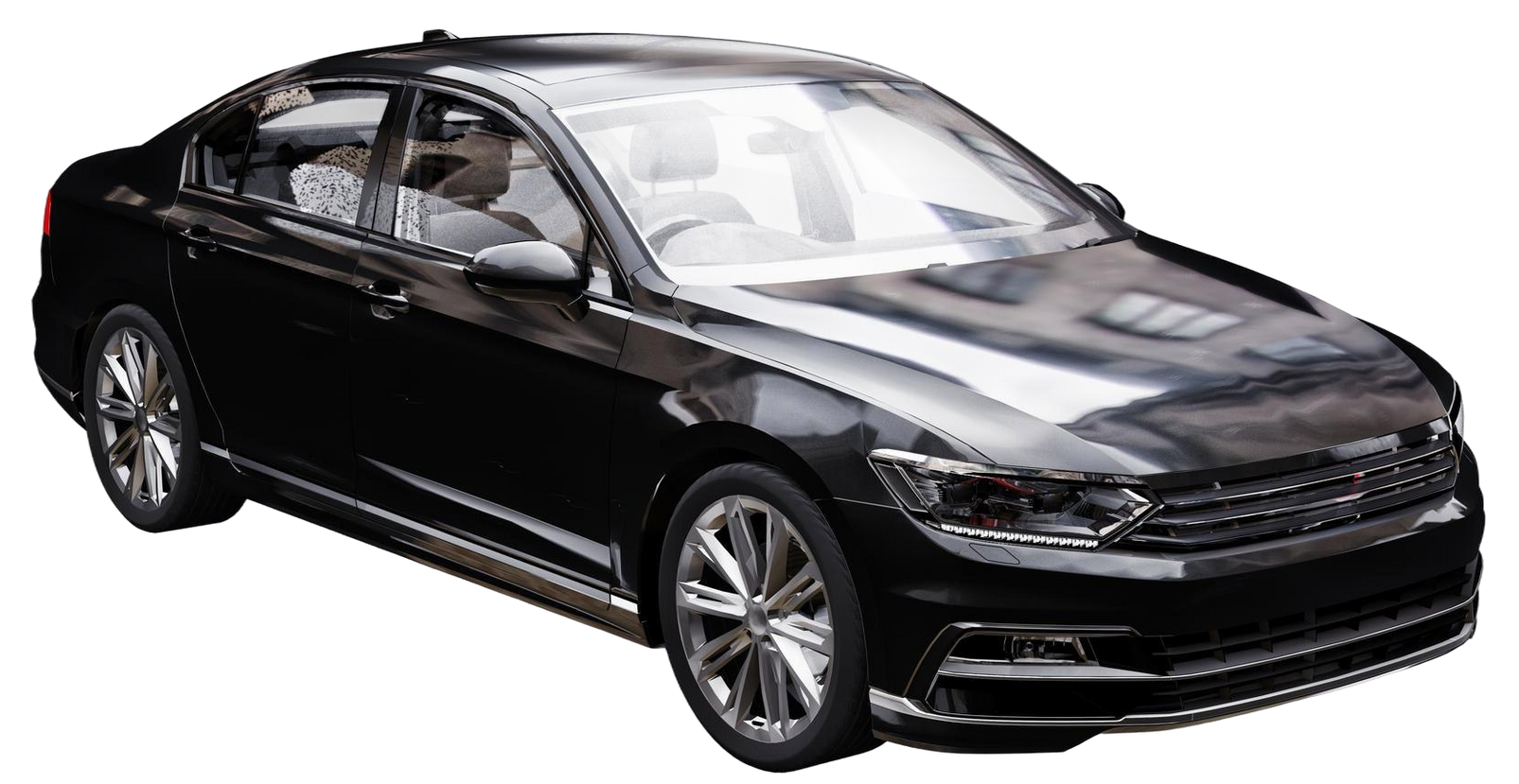 Black sedan car with silver rims.