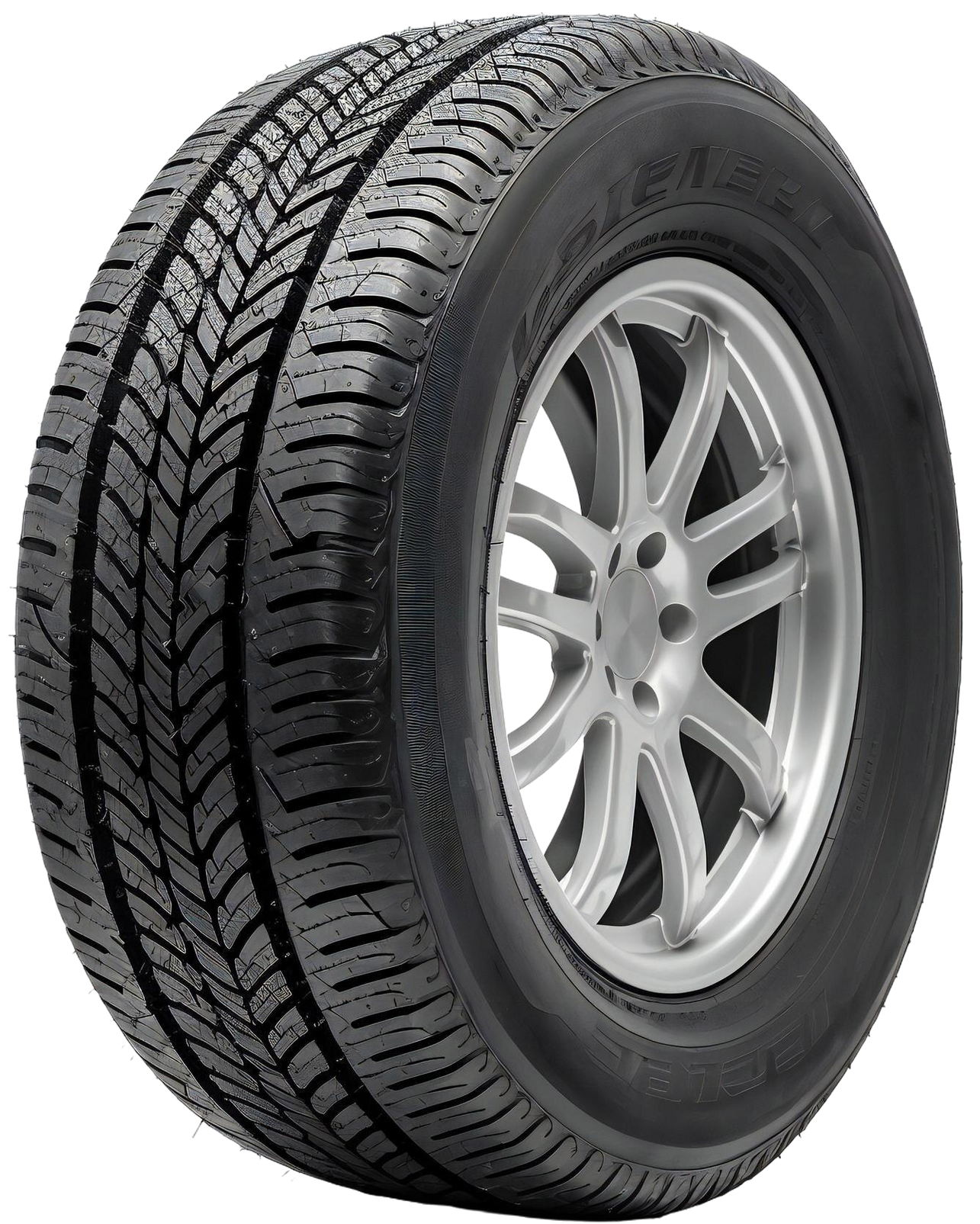 Black tire on a silver wheel, with tread pattern visible.