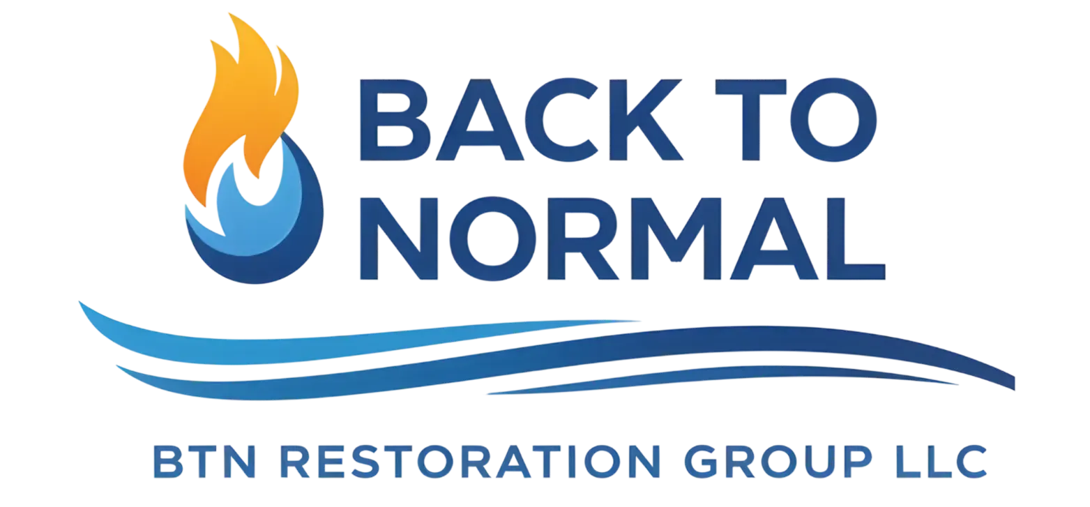 Back to Normal Restoration Group LLC logo with orange-blue flame icon and blue text