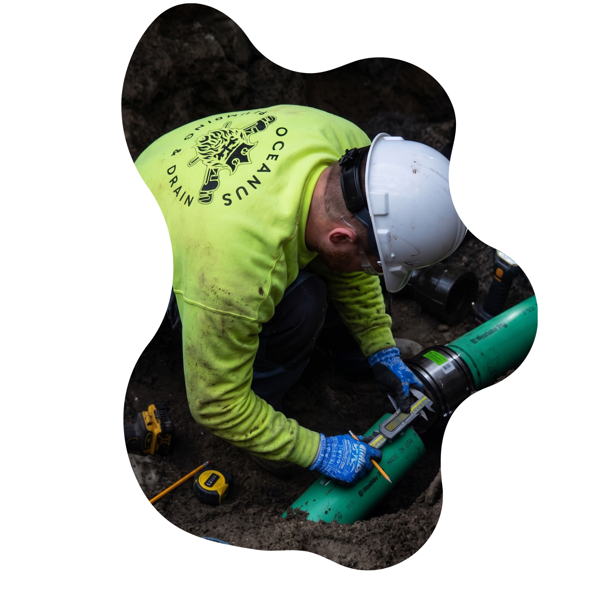 Worker in a white hard hat and neon green shirt stands in a narrow concrete trench.