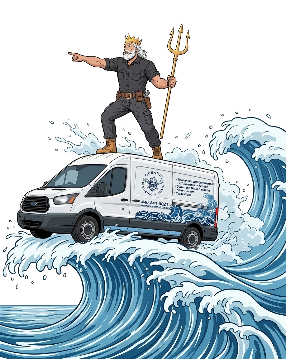 Person standing on a white service van riding a large ocean wave, holding a trident.