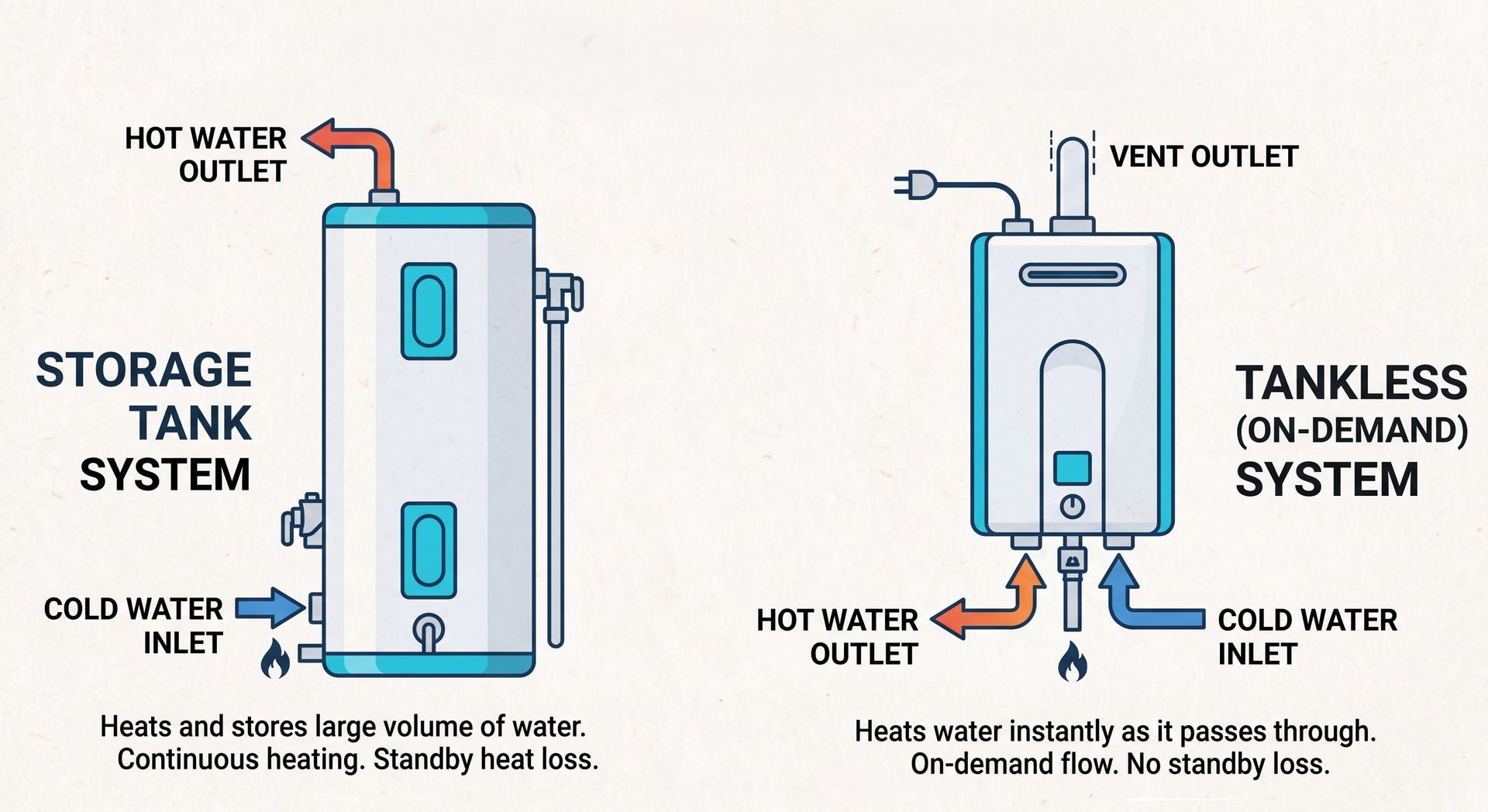 Diagram comparing storage tank and tankless water heaters with labeled hot, cold, and vent outlets.
