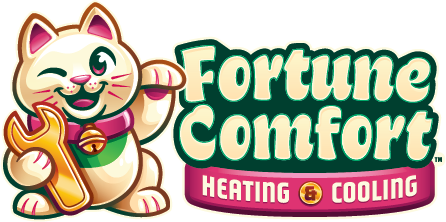 Fortune Comfort logo with smiling cat mascot and text “Heating & Cooling” in green and pink