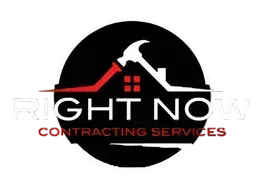 Logo for Right Now Contracting Services with a black circle, red roof line, and white hammer graphic