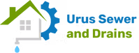 Urus Sewer and Drains logo with a green house, blue gear, and blue-green text on a white background