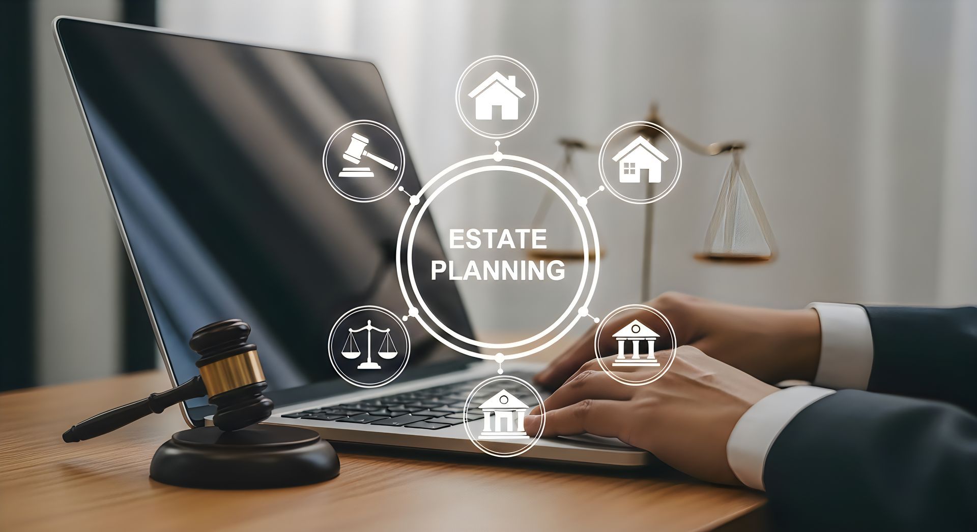 A legal professional using a laptop for estate planning services with digital icons and a gavel.