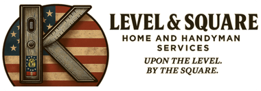 Level and Square home and handyman services logo with a vintage level and American flag background