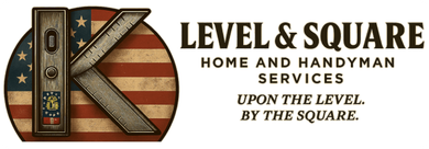 Level and Square home and handyman services logo with a vintage level and American flag background