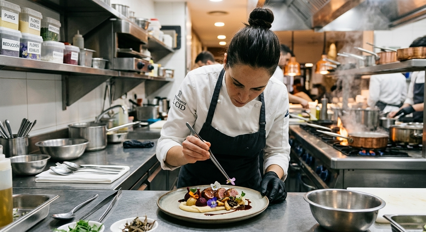 Chef emplatando un plato colorido en la ajetreada cocina de un restaurante.