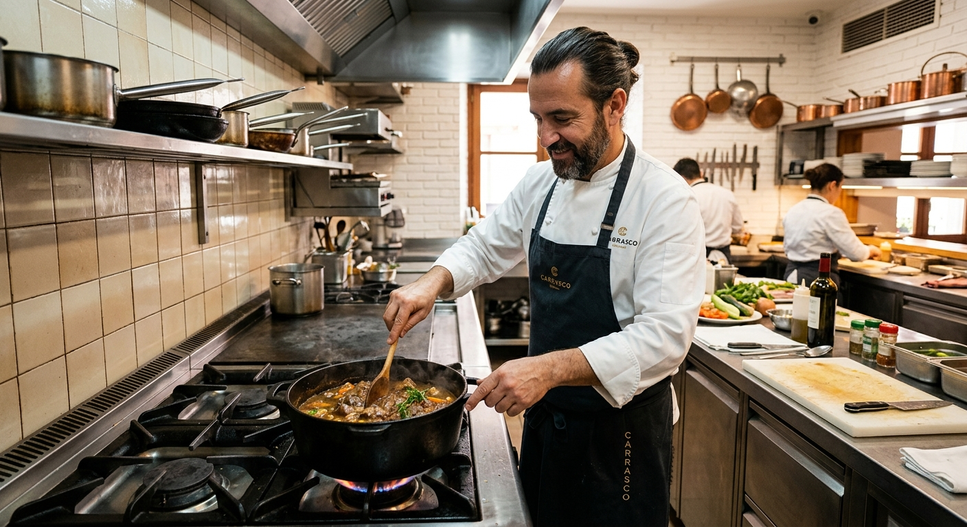Un chef remueve una sartén en una ajetreada cocina comercial con estantes, ollas y otro trabajador al fondo.