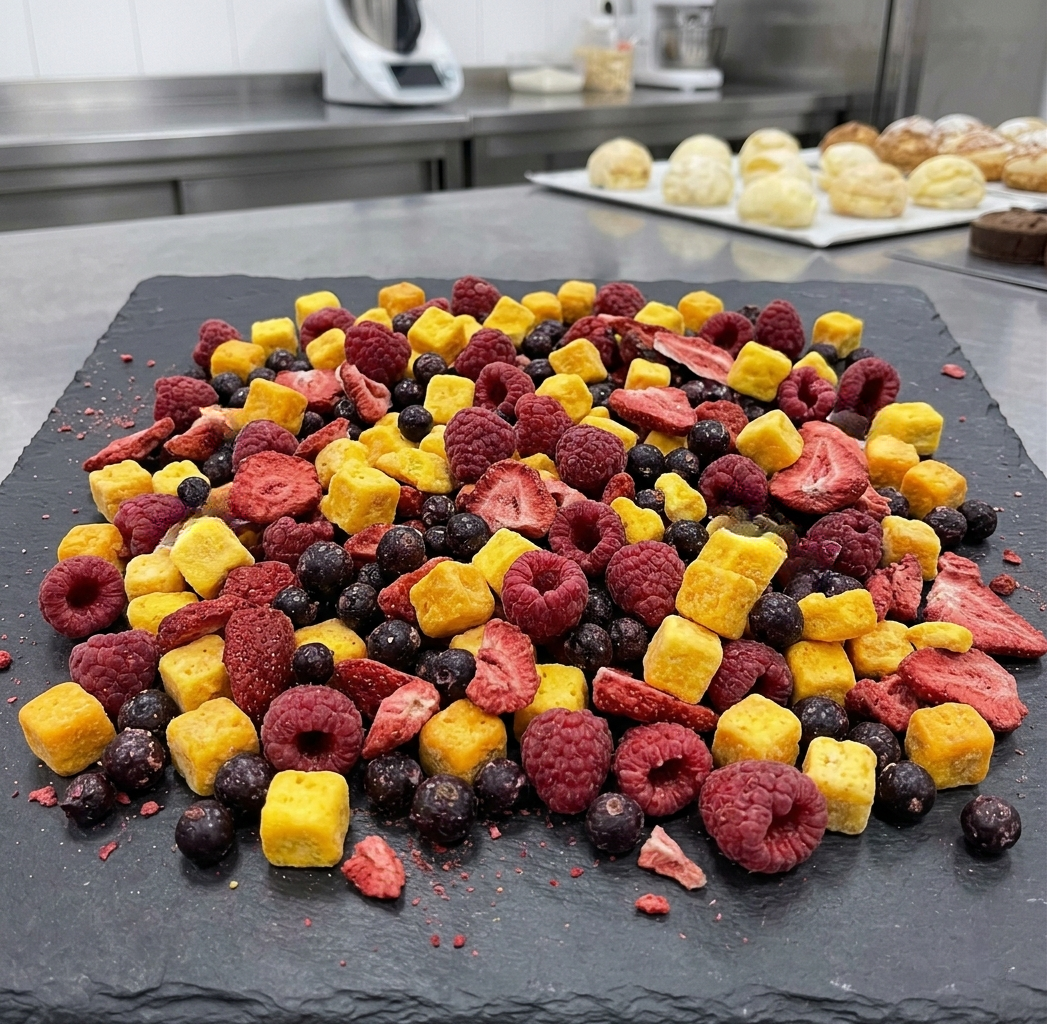 Una tabla de pizarra repleta de frambuesas, moras, fresas y mango, todos liofilizados, en una cocina.