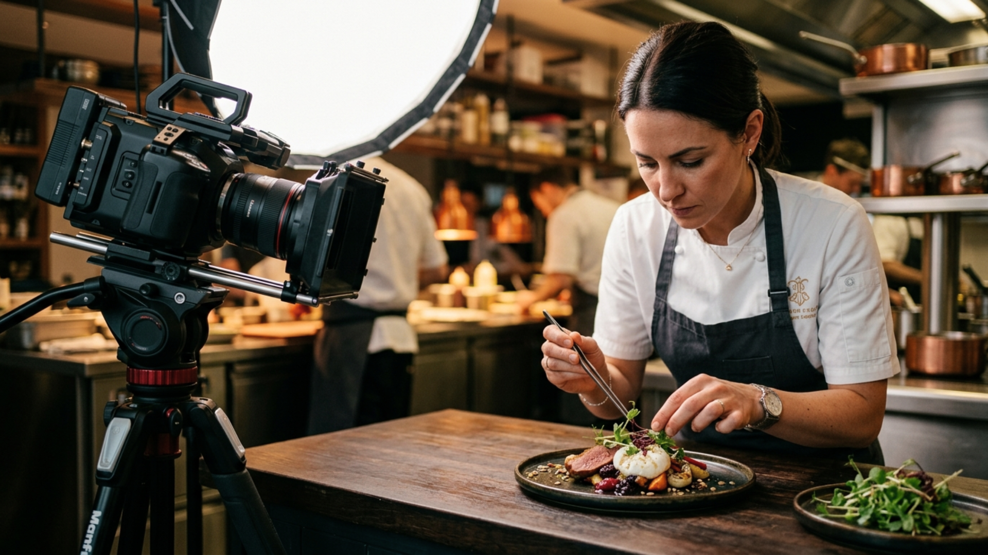 chef emplatando plato alta cocina cámara marketing gastronómico