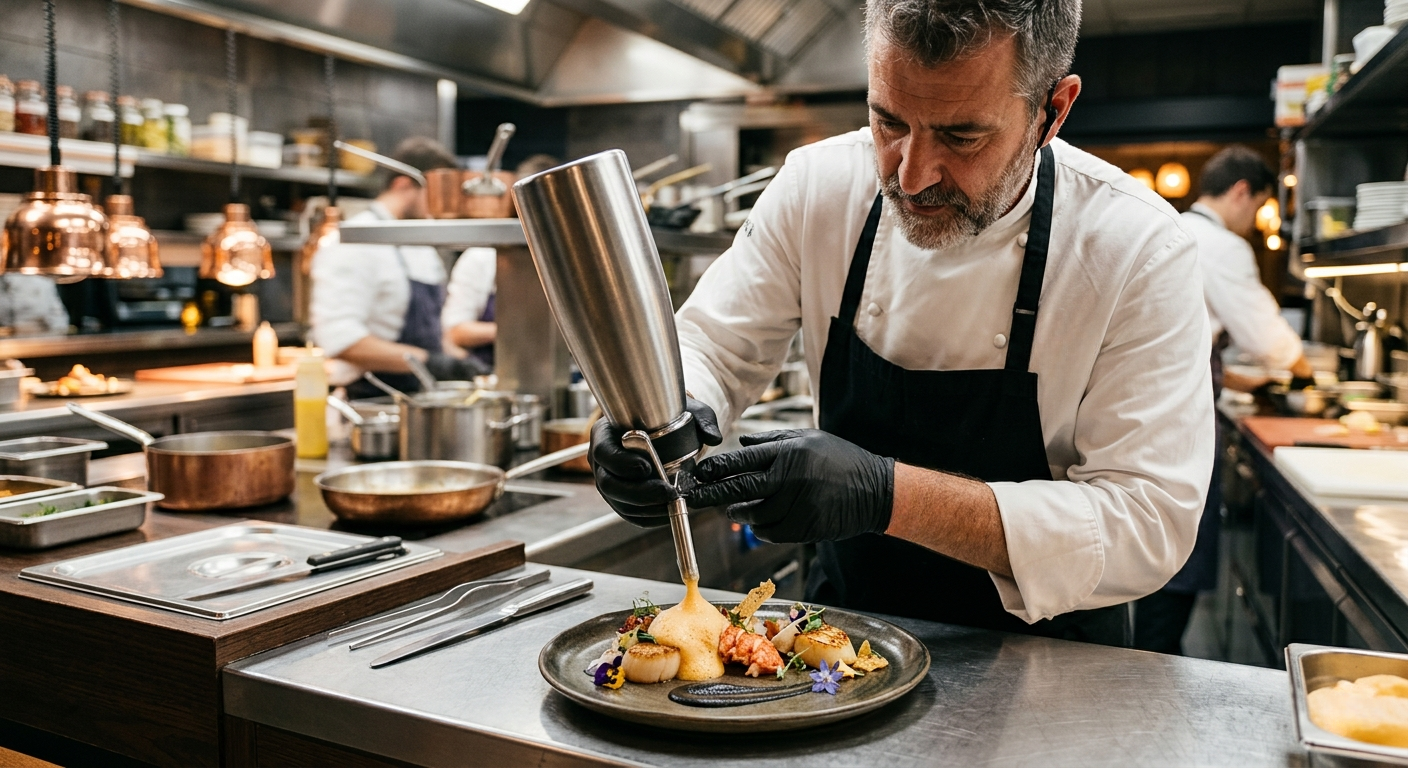 Chef emplatando un plato gourmet en la ajetreada cocina de un restaurante con un sifón.