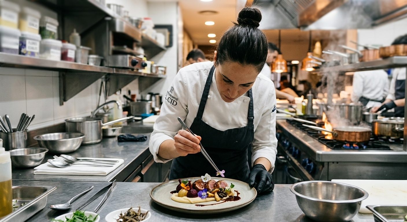 Chef emplatando un plato colorido en la ajetreada cocina de un restaurante.