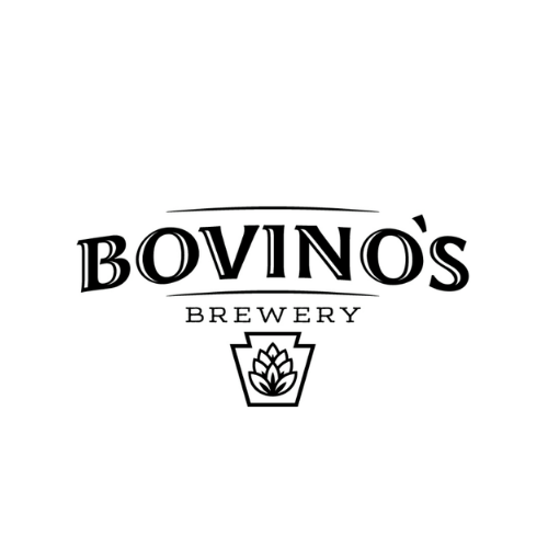 Logo for Bovino's Brewery: Black text with name over brewery and a hops icon inside a shield.