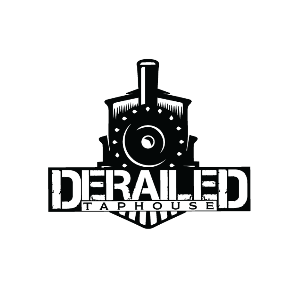 Logo for Derailed Taphouse: a black stylized train over a rectangular text box with 