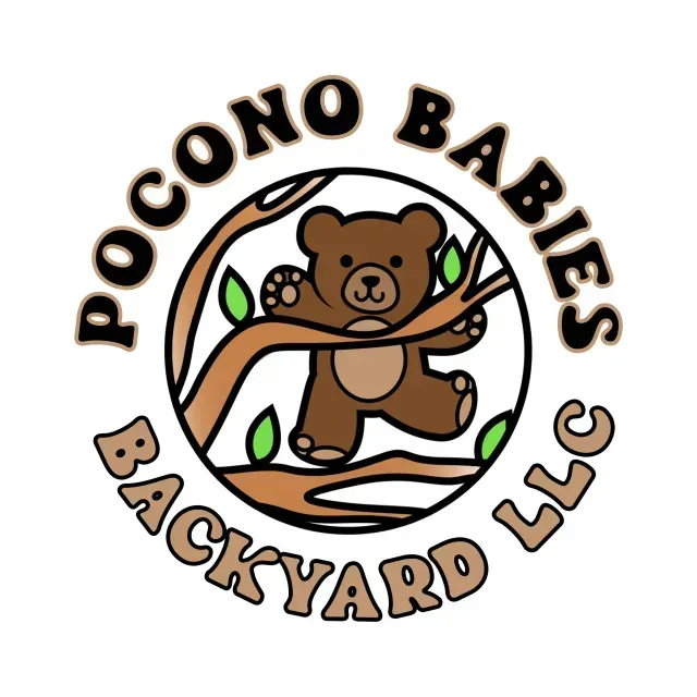 Logo for Pocono Babies Backyard LLC: Brown bear on tree branch in a circle with company text.
