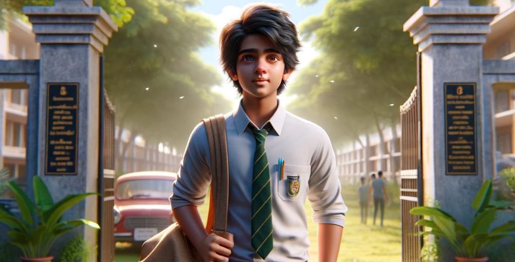 A boy in a school uniform and tie is standing in front of a building.