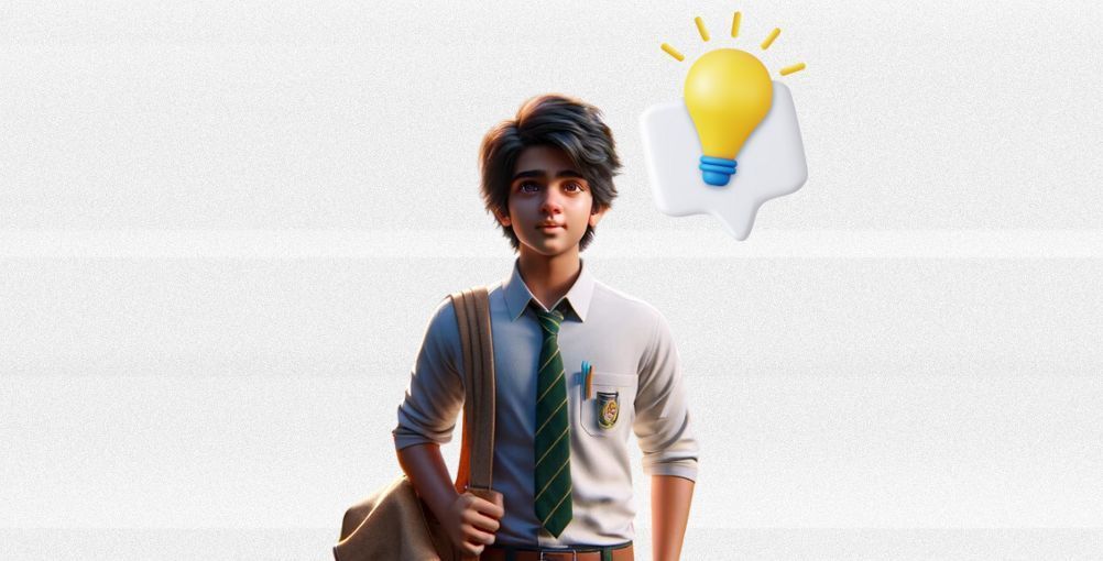 A boy in a suit and tie is standing next to a light bulb.