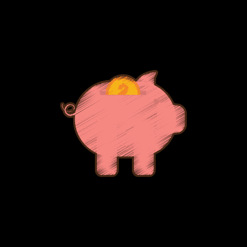 A pink piggy bank with a coin in it on a black background.