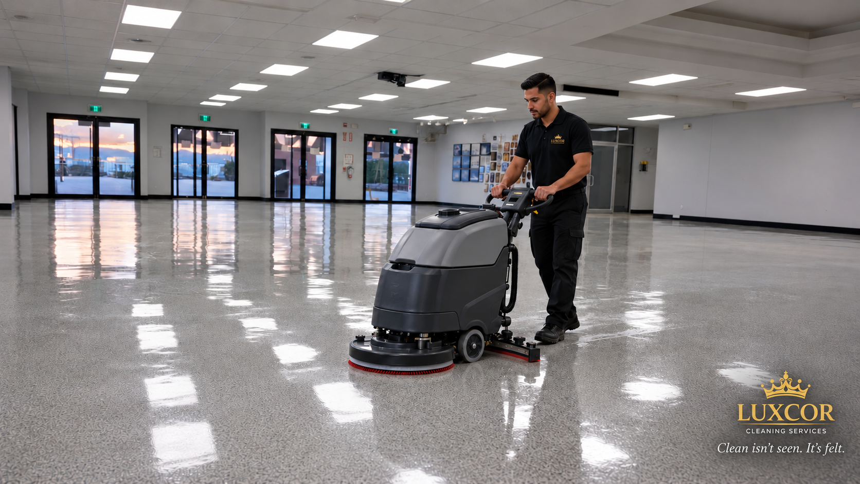 Luxcor Cleaning Services employee operating a walk-behind floor scrubber on a polished commercial floor in Victoria, BC.