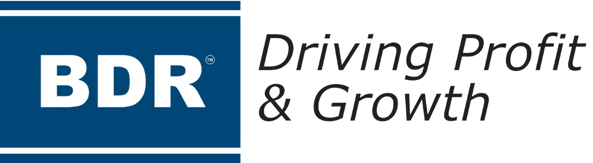 A blue and white logo for bdr driving profit and growth