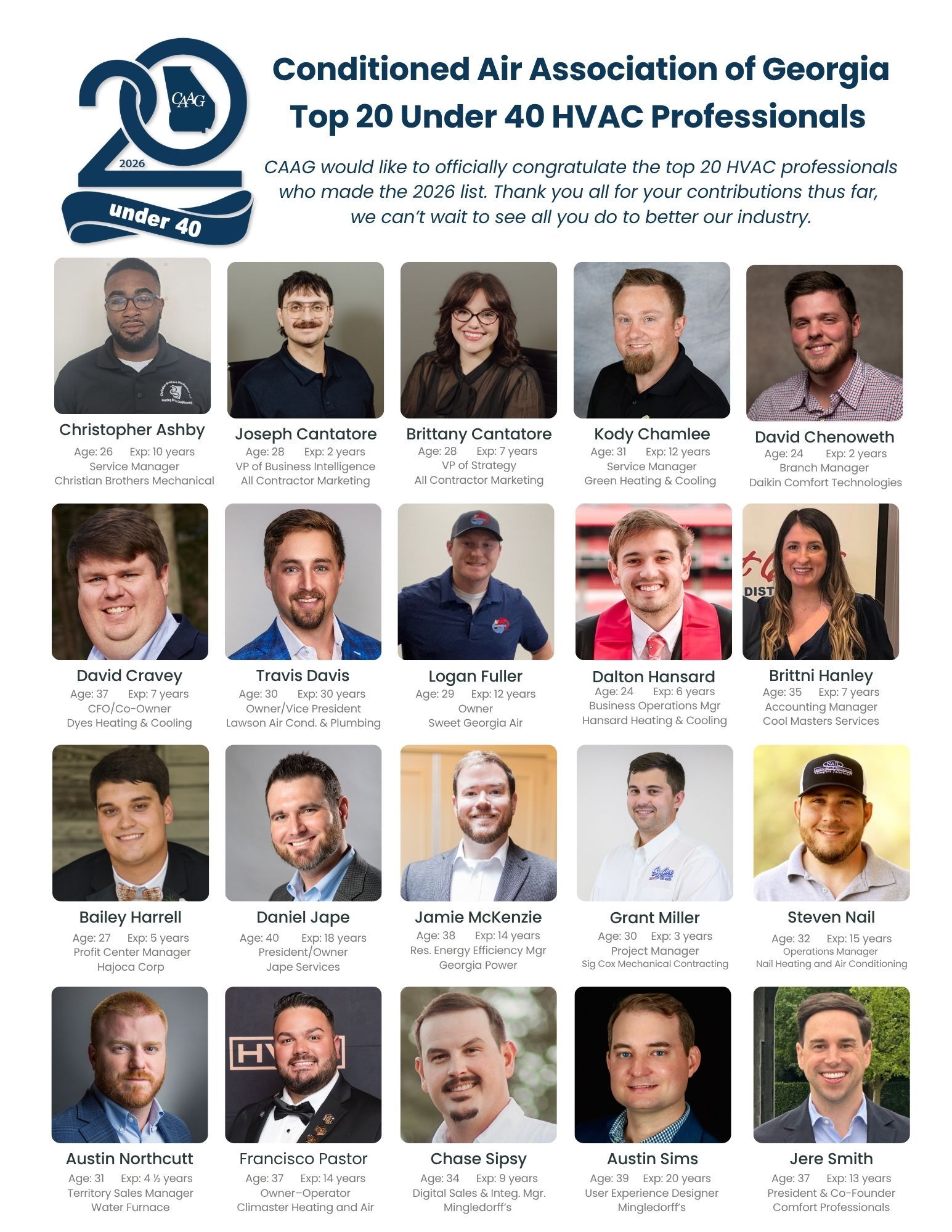 CAAG “Top 20 Under 40” HVAC professionals poster with headshots and names