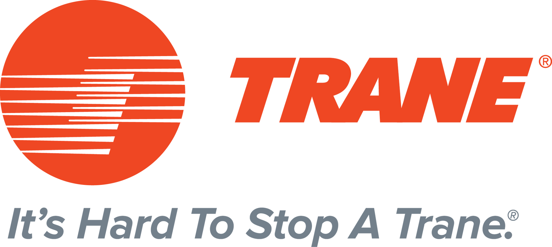 The logo for trane is orange and white and says `` it 's hard to stop a trane ''.