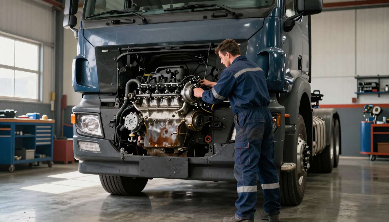 Technician performing under-hood inspection on a diesel truck