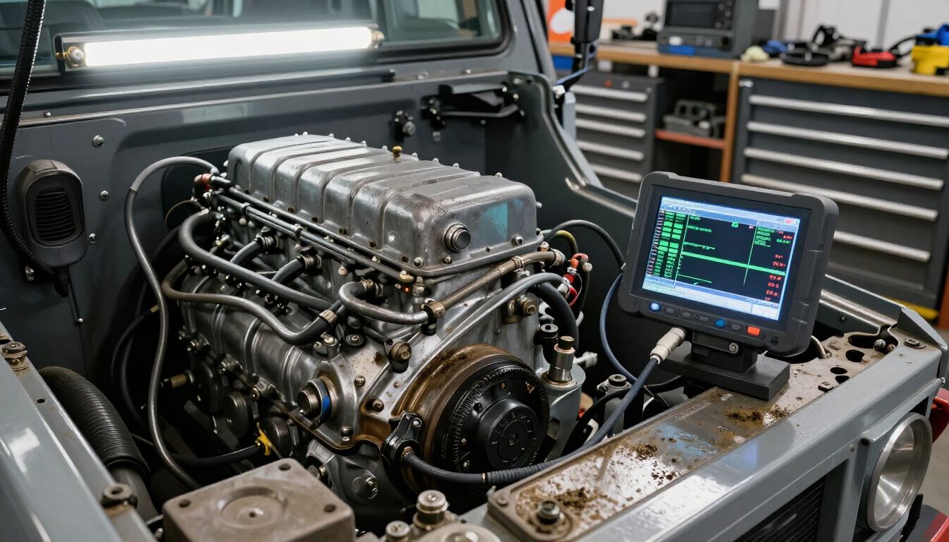 Mechanic using diagnostic scanner on diesel engine