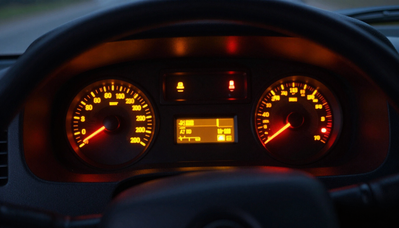 Truck dashboard warning lights glowing at night