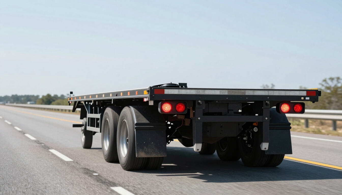 Commercial flatbed trailer on open road