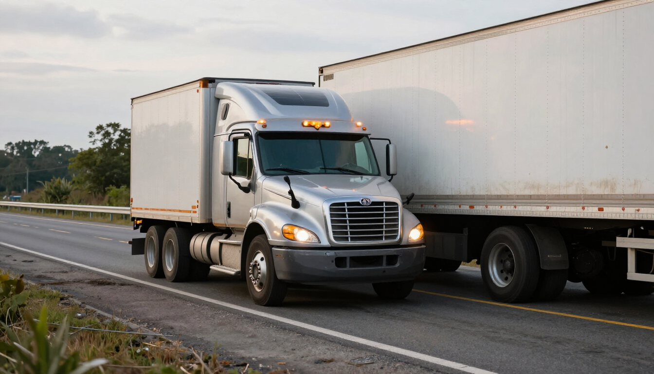 Service truck parked behind broken-down semi on highway shoulder