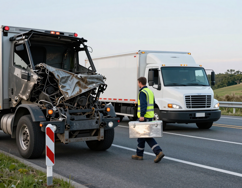 Service truck providing roadside assistance to a broken-down semi-truck