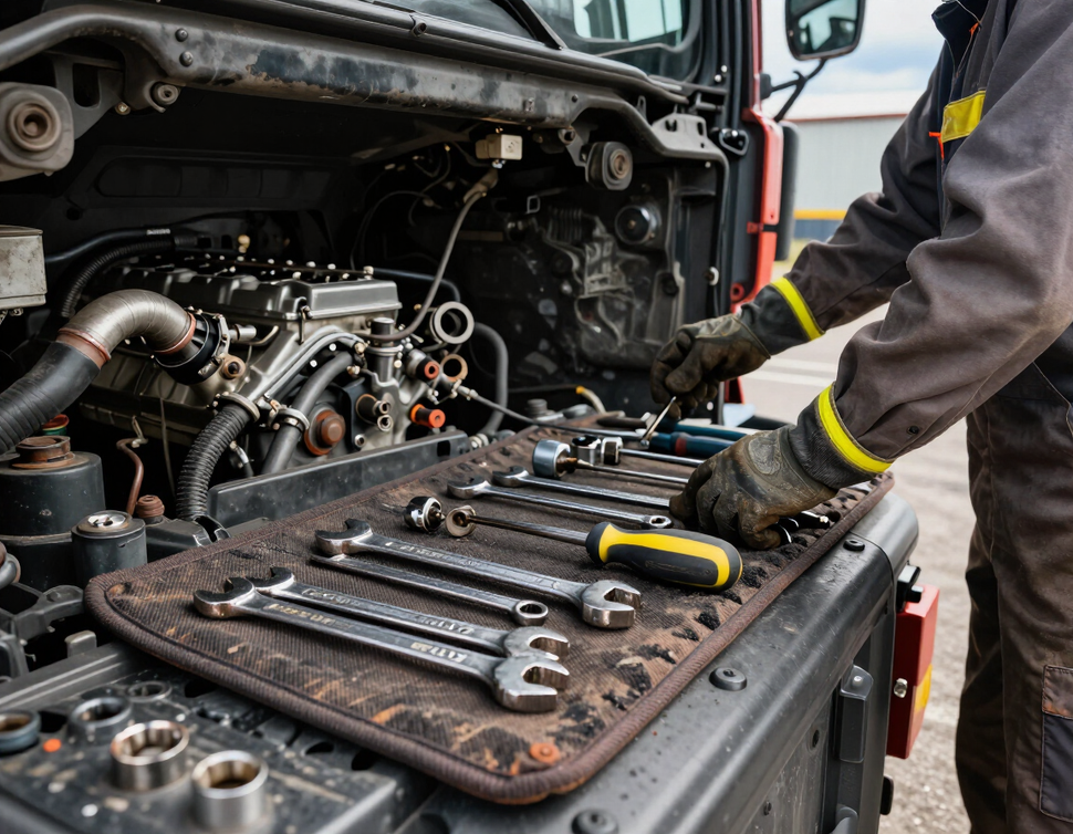 Mobile mechanic performing engine repair on a semi-truck