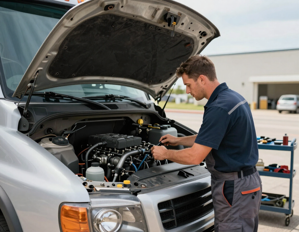 Mobile mechanic performing routine maintenance on a diesel truck