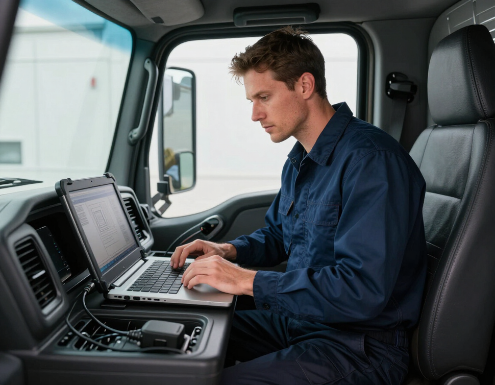 Technician using laptop diagnostic tool on a diesel semi-truck