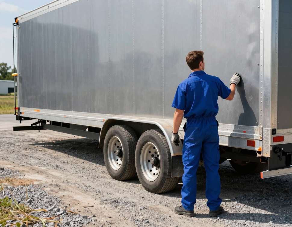 Mechanic inspecting a commercial flatbed trailer