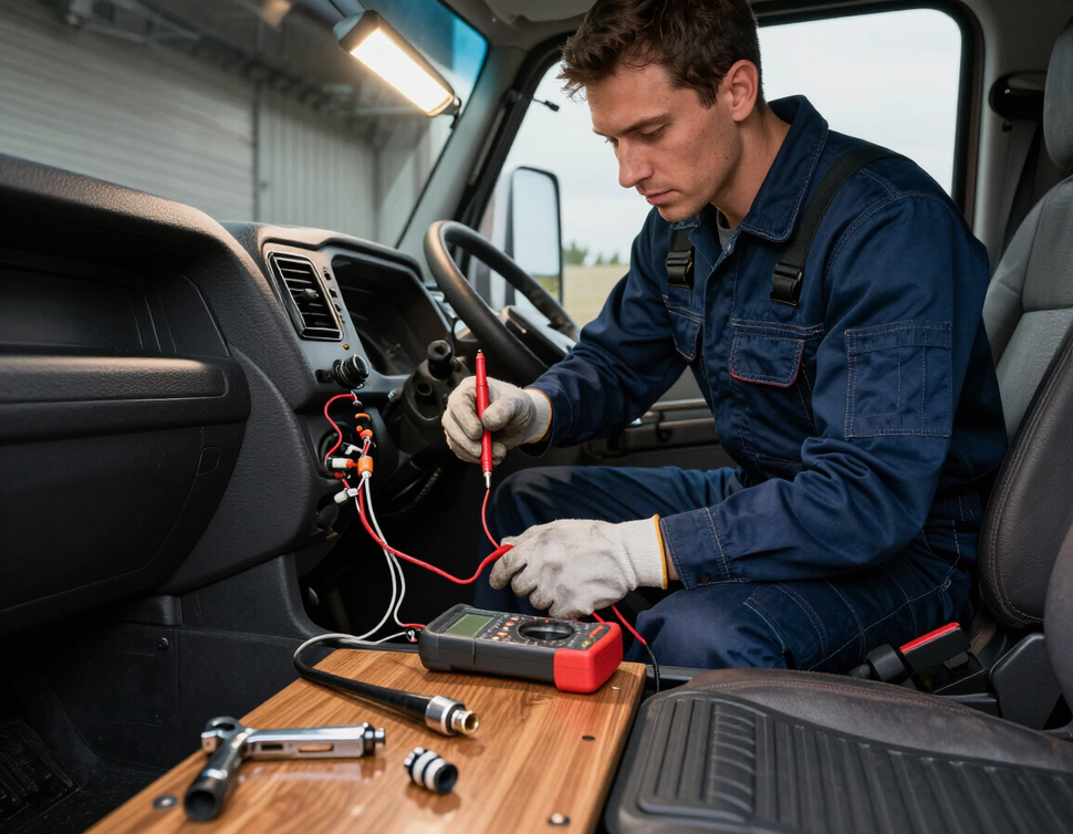 Mechanic troubleshooting electrical wiring in a commercial truck
