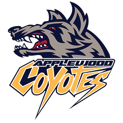 Applewood Coyotes wolf logo in gray, black, red, and gold with bold stylized text