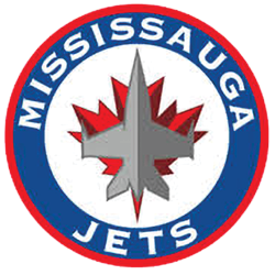 Mississauga Jets circular logo with red maple leaf and blue ring