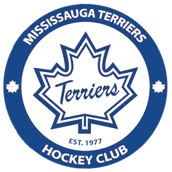 Mississauga Terriers Hockey Club logo with blue ring and maple leaf center, EST. 1977